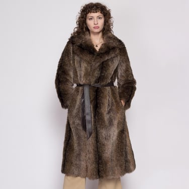 XS 70s Brown Faux Fur Belted Coat | Vintage Glam Long Winter Teddy Jacket 