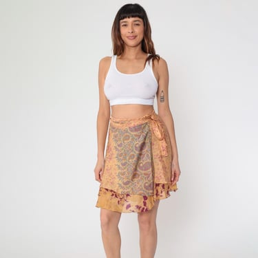 Vintage Reversible Wrap Skirt Y2K Orange Burgundy Abstract Paisley Floral Print Layered Mini Silk Look 00s Boho Festival Small Medium Large 