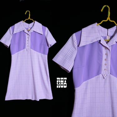Cute Plus Size Vintage 60s 70s Purple Gingham Color Block Mini Collared Dress 