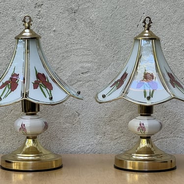 Pair Small Glass & Brass Boudoir Lamps with Purple Iris Design, 1980s 
