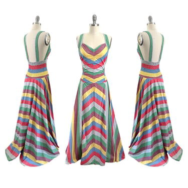 30s Beach Chevron Stripe Dress / 1930s 1940s Vintage Sun Floor Length Dress / Small 