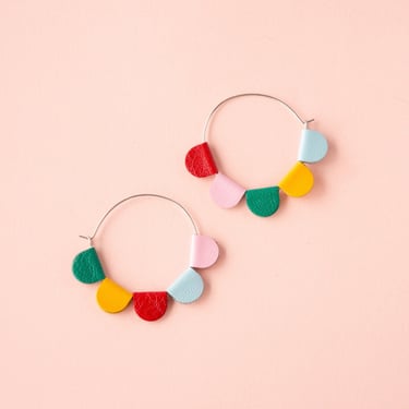 Rainbow Daisy Petal Hoop Earrings - Reclaimed Leather Sustainable Y2K Nostalgia Big Hoop Earrings 