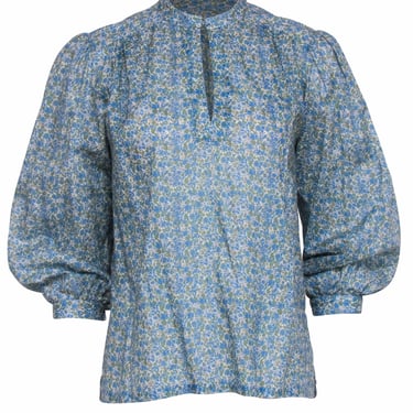 Birds of Paradis by Trovata -  Teal &amp; Olive Smock Blouse w/ Ditsy Floral Print Sz S