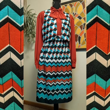 Vintage 1970s Rust & Turquoise Chevron Geometric Print Polyester Midi Skirt and Vest Matching Set 