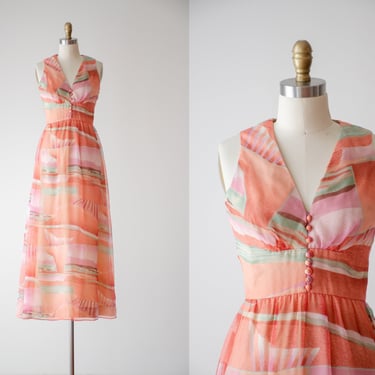 orange maxi dress | 70s vintage Felix Arbeo for Aventura peach pink chiffon floor length gown 