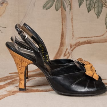 1950s Shoes - Size 5.5 M - Sexy 1950s Tropical Tiki Heels in Black Leather with Bamboo Accent and Carved Heel 