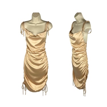 XS - Y2K Gold Short Satin Dress Cowl Neck Spaghetti Strap Slip Dress Silky Backless Mini Dress Ruched Sexy Cocktail Club 2000s Clothes Women 