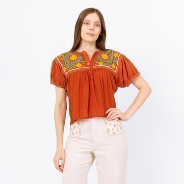 Vintage 60s Mexican Huipil Floral Embroidered Blouse - Small to Large | Mid Century Burnt Orange Folk Peasant Crop Top 