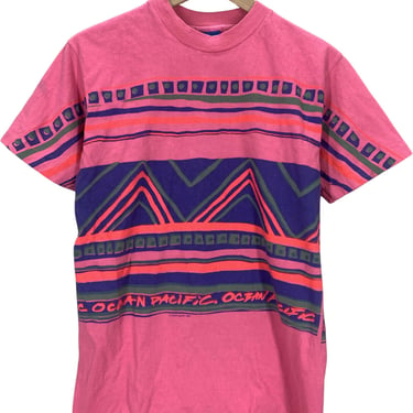 Vintage 90's Ocean Pacific OP Pink Geometric Print Surfing T-Shirt S/M