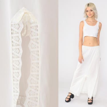 70s White Slip Skirt Lace Front Slit Hippie Skirt Maxi Half Slip 1970s Boho Bohemian Cottagecore Vintage 2x xxl 