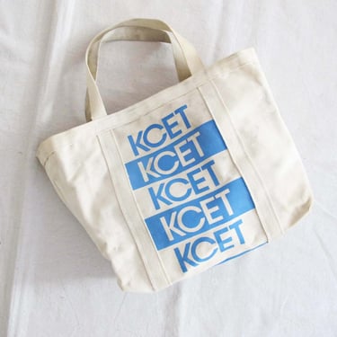 Vintage KCET Los Angeles Canvas Tote Bag - Blue White Thick Duck Canvas Small Handle Bag 