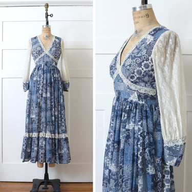 vintage 1970s Gunne Sax maxi dress • romantic bohemian lace sleeve blue & white calico floral dress 