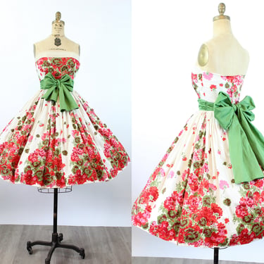 1950s STRAPLESS GERANIUM cotton dress xs | new spring 