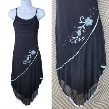 Vintage 90s Party Slip Dress Medium Grunge alt Stretch Black Drape Assymetrical 