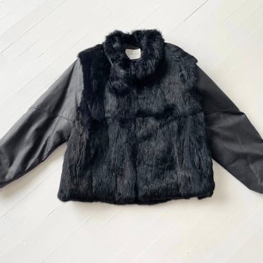 1980s Black Rabbit Fur and Leather Jacket 