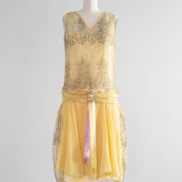 Exquisite 1920's Lemon Chiffon & Metallic Silver Lame' Lace Flapper Dress / SM