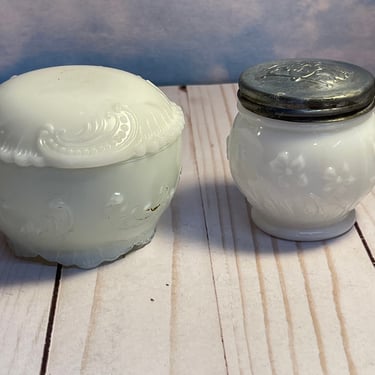 Antique Dithridge Co Opal Glass Puff Box & Antique Milk Glass Jar Repousse Metal Lid Rare Set of 2 Antique Jars Gift for Her or Collector 