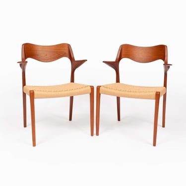 Neils Ottto Møller Model 55 Teak Dining Chairs in Woven Paper Cord (set of 2) 