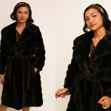 Vintage 1970s 70s Chocolate Brown Faux Fur Suede Princess Coat Jacket // Suede Belt w/ Buttercream Satin Lining 