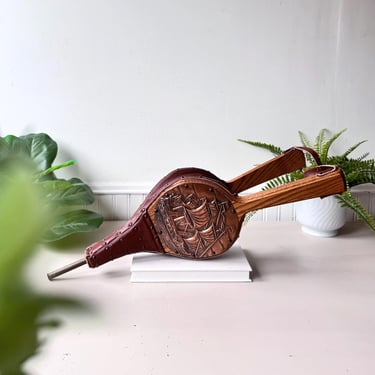 Vintage Embossed Brass and Wood Fireplace Bellows, fire  display picture 1