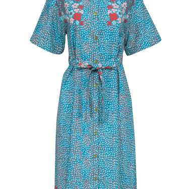 Tucker - Teal &amp; Orange Dotted Print w/ Floral Short sleeve Button Front Dress Sz M