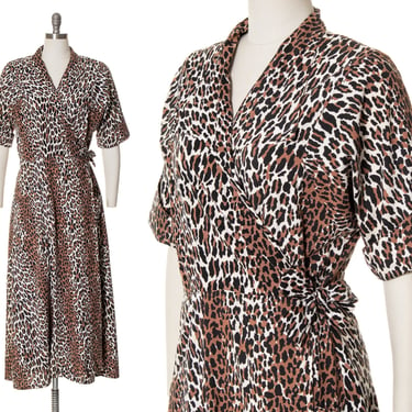Vintage 1970s Wrap Dress | 70s Leopard Animal Print Cotton Maxi Day Dress with Pockets (small/medium) 