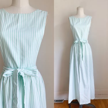 Vintage 1970s Mint Green & White Striped Apron Dress / Nurse Pinafore Uniform // M 