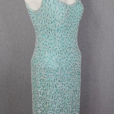 1980s 1990s - Barbara Katz Evening Dress - Beaded Cocktail Dress - Pearl and Sequin Mini Dress - Size 8 