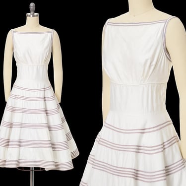Vintage 1950s Sundress | 50s White Polished Cotton Striped Trim Fit and Flare Full Skirt Sleeveless Day Dress (small/medium) 