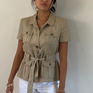 90s linen safari jacket / vintage oatmeal woven linen belted short sleeve trench safari blazer | Medium 