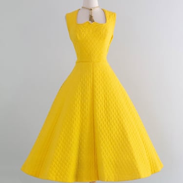 Iconic 1950's Carolyn Schnurer Lemon Yellow Quilted Dress With Full Skirt / SM