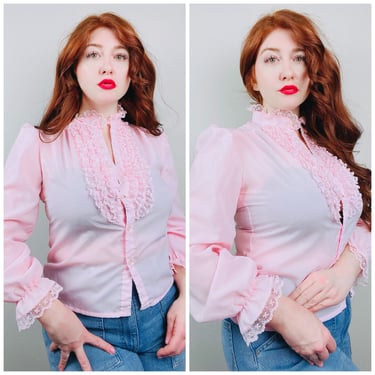 1980s Vintage Pat Fashions Pastel Ruffled Blouse / 80s / Eighties Pink Lace Trim High Neck Shirt / Size Medium 