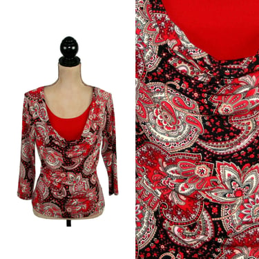 90s Red Paisley Print Top, Cowl Neck Scoop 3/4 Sleeve Fitted Pullover, Stretch Knit Blouse Medium 1990s Clothes Women Vintage SUSAN LAWRENCE 