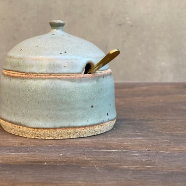 Ceramic Salt Cellar with Lid and Spoon Opening - Matte Speckled "Sky" 