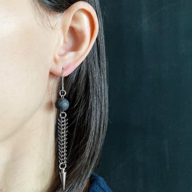 long concrete earrings | stainless steel concrete earrings | fishbone earrings | black concrete jewelry | statement earrings | dark gray 