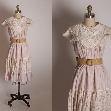 1970s Pink and Tan Floral White Embroidered Lace Detail Sleeveless Ruffle Cap Shoulders Ruffle Hem Dress by Gunne Sax -Size 11 -XL 
