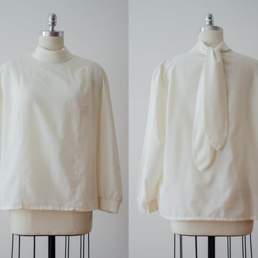 cream tie neck blouse | 70s 80s plus size vintage ivory white light academia bow neck ascot high collar vintage blouse 