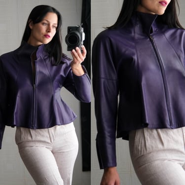 Vintage 80s Claude Montana Pour Ideal-Cuir Purple Leather Vamp Collar Peplum Jacket | Made in Paris France | 1980s French Designer Jacket 