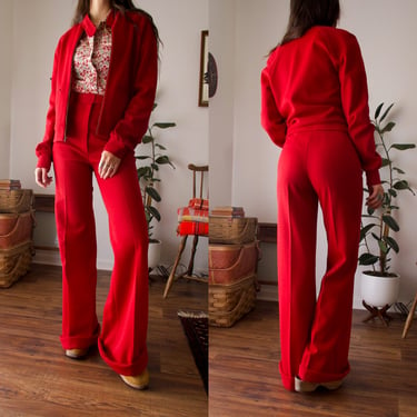 Vintage 70’s Shelly’s Tall Girl Suit Set Zip -up Jacket Bell Bottom High Waisted Trousesr 