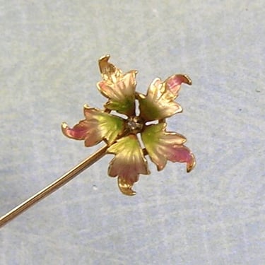 Antique 10K Gold and Enamel Flower Stick Pin, Gold Stick Pin With Enamel Flower and Diamond Center, Antique 10K Gold Stickpin (#4377) 
