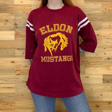 80's Vintage Eldon Mustangs Jersey Style Paint Spatter Tee Shirt T-Shirt 