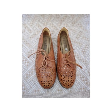 Vintage Woven Leather Oxford Flats - Lace Up Shoes - Brown Braided Shoes - Size 10 