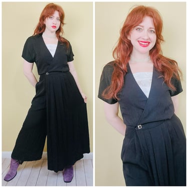 1990s Vintage Carole Little Black Gaucho Pants Playsuit / 90s Rayon / Acetate Pleated Jumpsuit / Size XL 