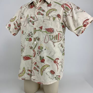 1950's BBQ Shirt - Novelty Print - Grilling Images - Loop Collar - COOK-OUT by Enro Label - Men's Size Medium 