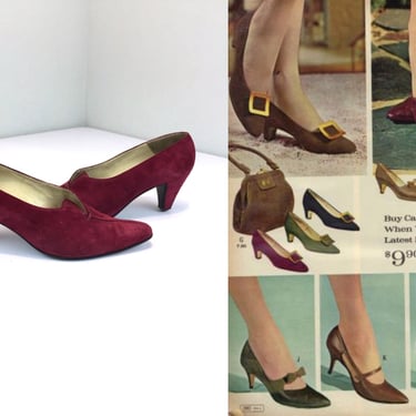 The Double Take - Vintage 1950s 1960s Magenta Suede Leather Kitten Heels Shoes Pumps - 8B 