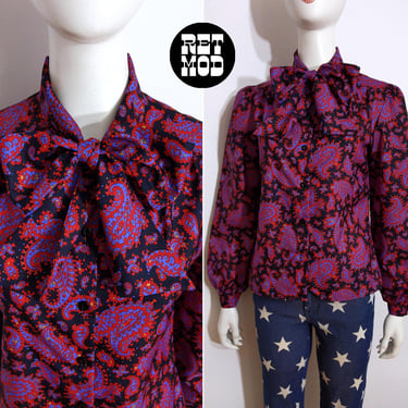 Groovy Vintage 70s 80s Black Red Periwinkle Paisley Long Sleeve Blouse with Pussybow 