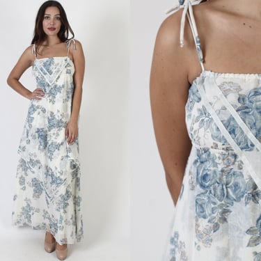 Vintage 70s Floral Bandana Scarf Dress, Pale Blue Prairie Shoulder Tie Sundress, Zum Zum Cottagecore Romantic Outfit 