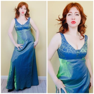 Y2K Vintage Faviana Iridescent Fairy Dress / Green / Blue Empire Waist Bias Cut Maxi Gown / Size Medium 