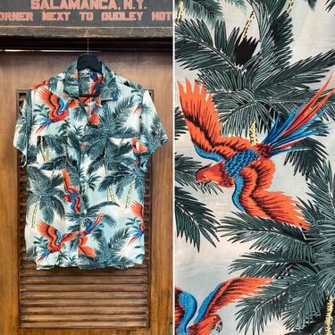 Vintage 1960’s Parrot Tiki Loop Collar Rayon Hawaiian Shirt, Original Vintage, 60’s Vintage Clothing 