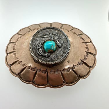 Vintage Artisan Navajo Turquoise Eagle Bird Stamped Design Belt Buckle Signed 